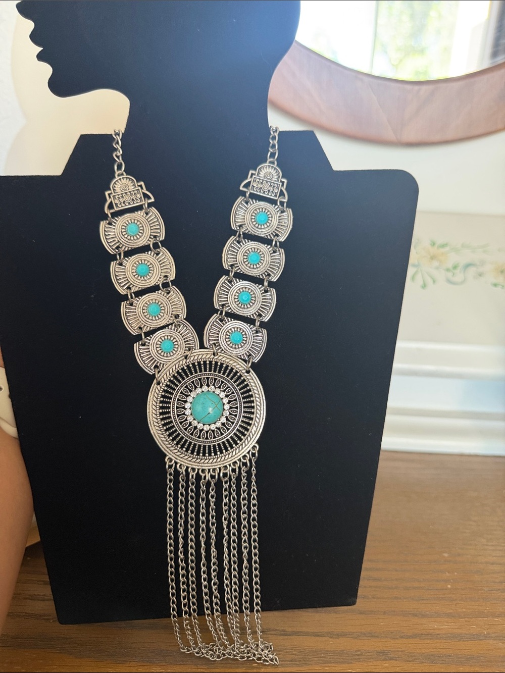 Hand Crafted Silver-Tone Turquoise Layered Pendant Necklace